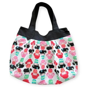 Artisan-made Large Cotton Tote Bag with Japanese Kokeshi Nesting Doll Pattern
